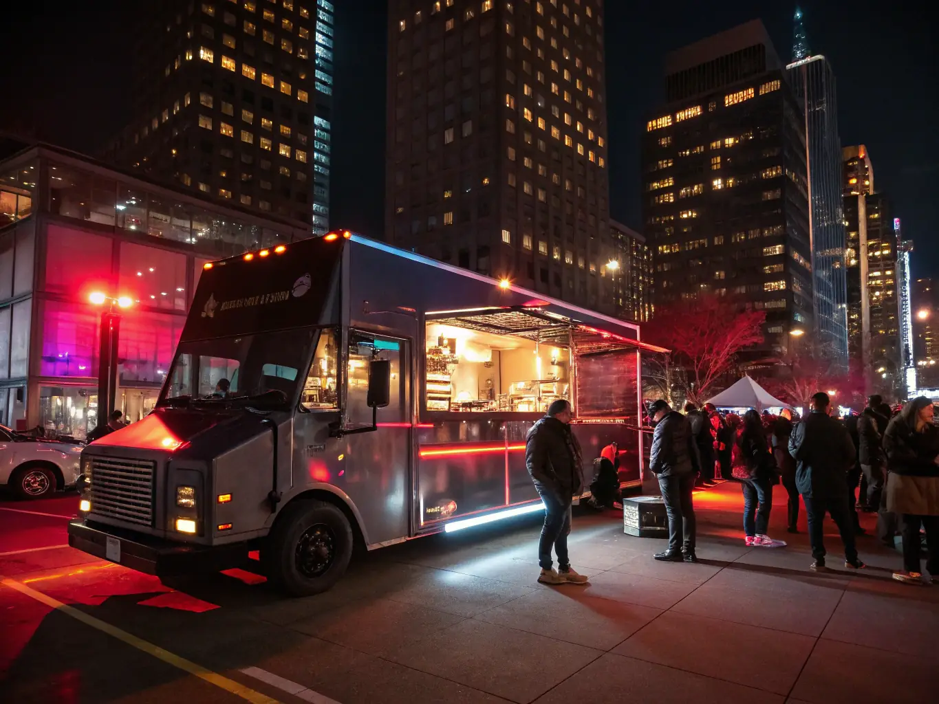 A modern food truck with state-of-the-art kitchen appliances in a bustling urban setting at night.