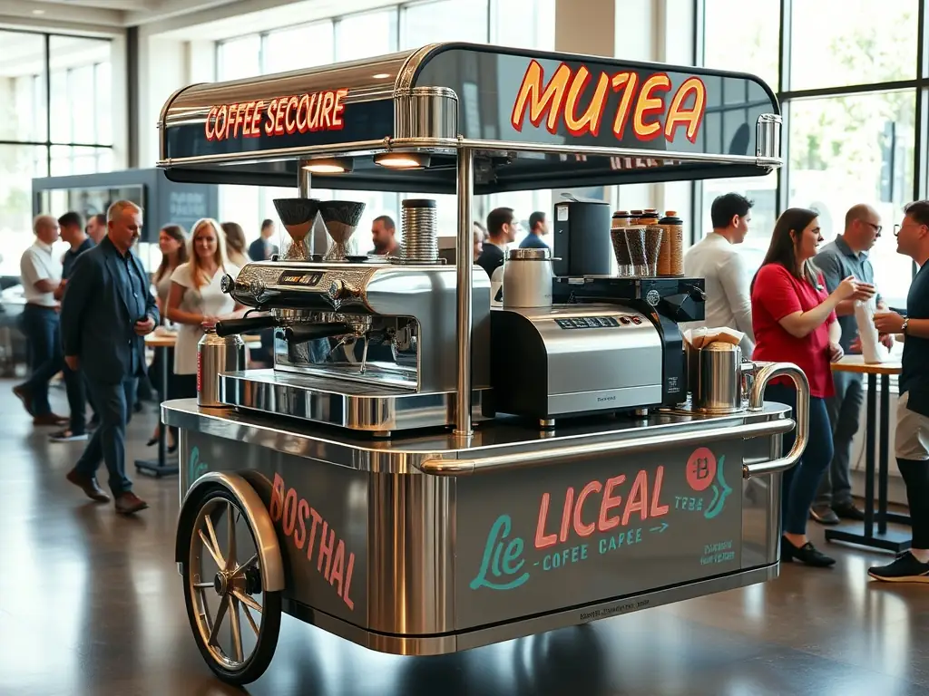 A detailed view of a compact coffee cart with espresso machines in a busy café.