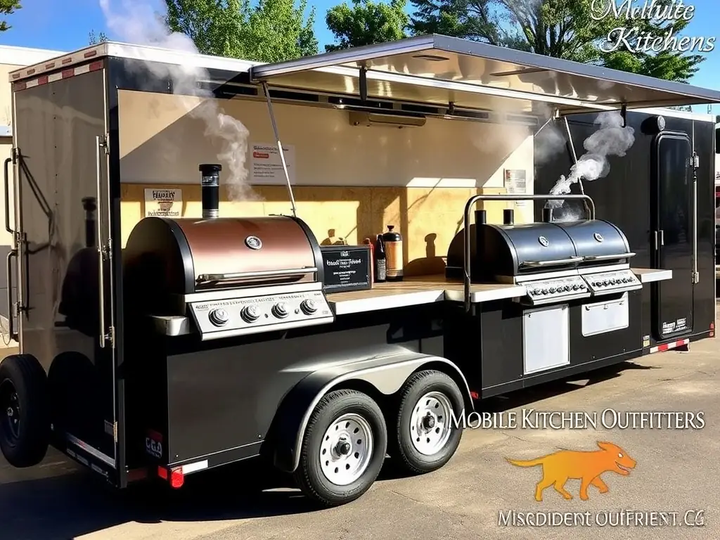 A beautifully outfitted BBQ trailer showcasing grills and smokers in an outdoor setting.