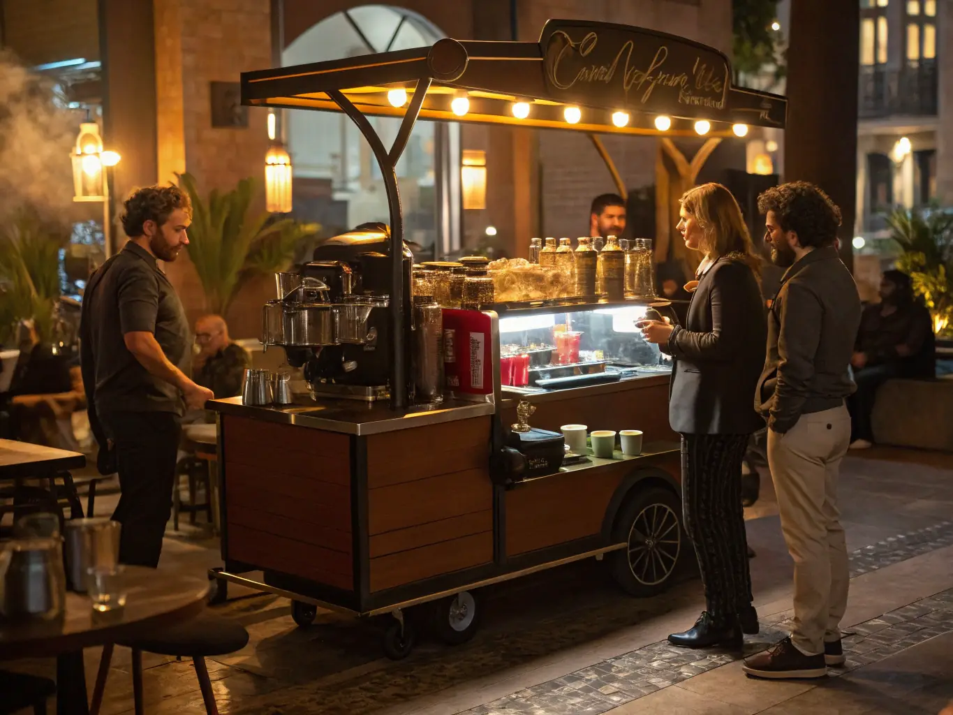 A cozy coffee cart with espresso machines in a busy café.