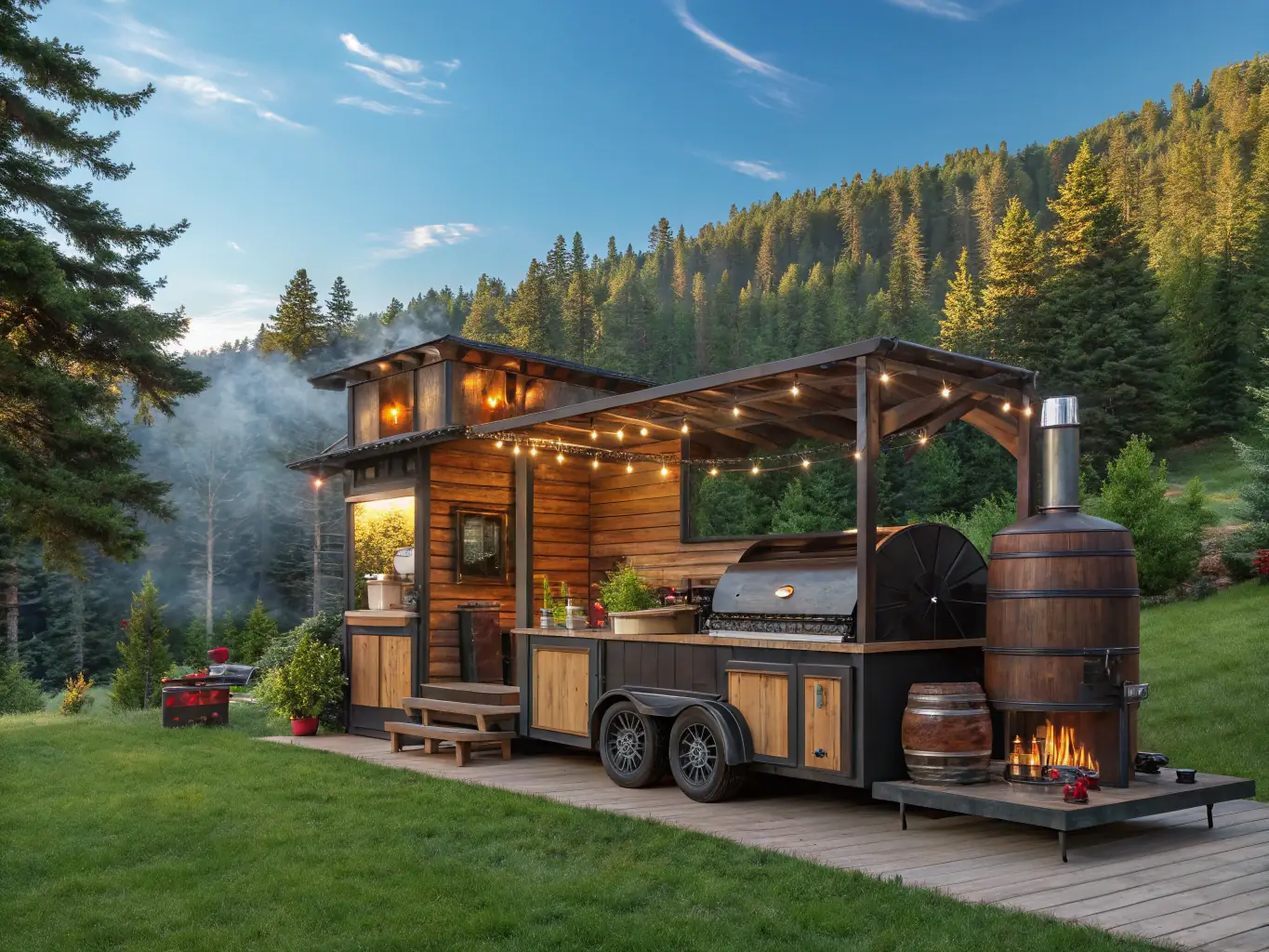 A BBQ trailer with grills and smokers in a scenic outdoor setting.